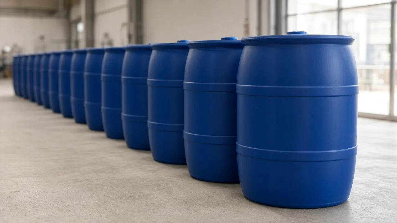Illustrative image of sealed food-grade bulk drums in a warehouse (not our warehouse)